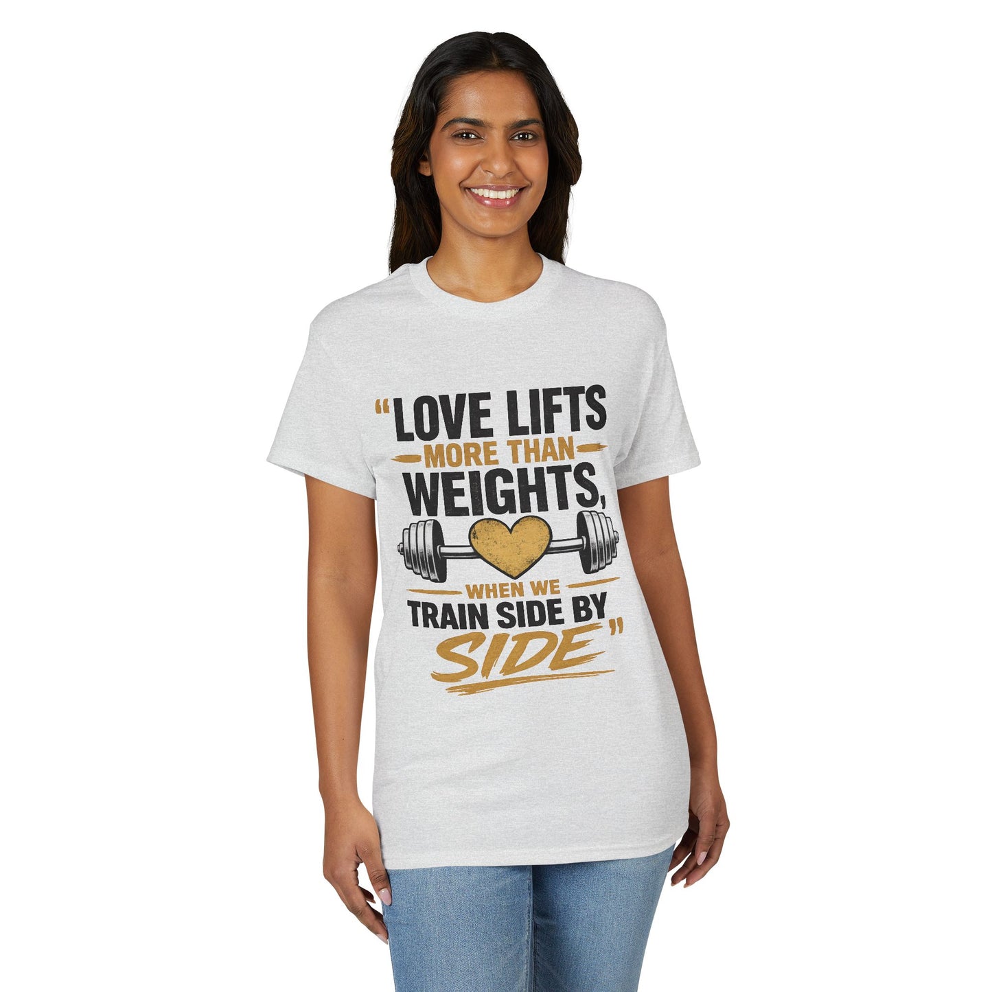 Couples Gym T-Shirt — "Love Lifts More Than Weights" Partner Workout Tee