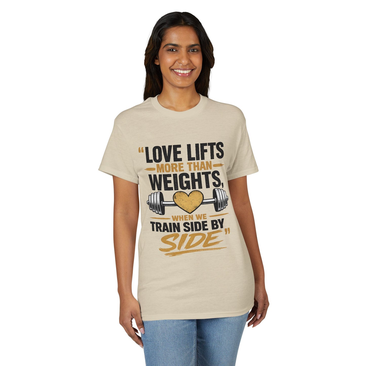 Couples Gym T-Shirt — "Love Lifts More Than Weights" Partner Workout Tee