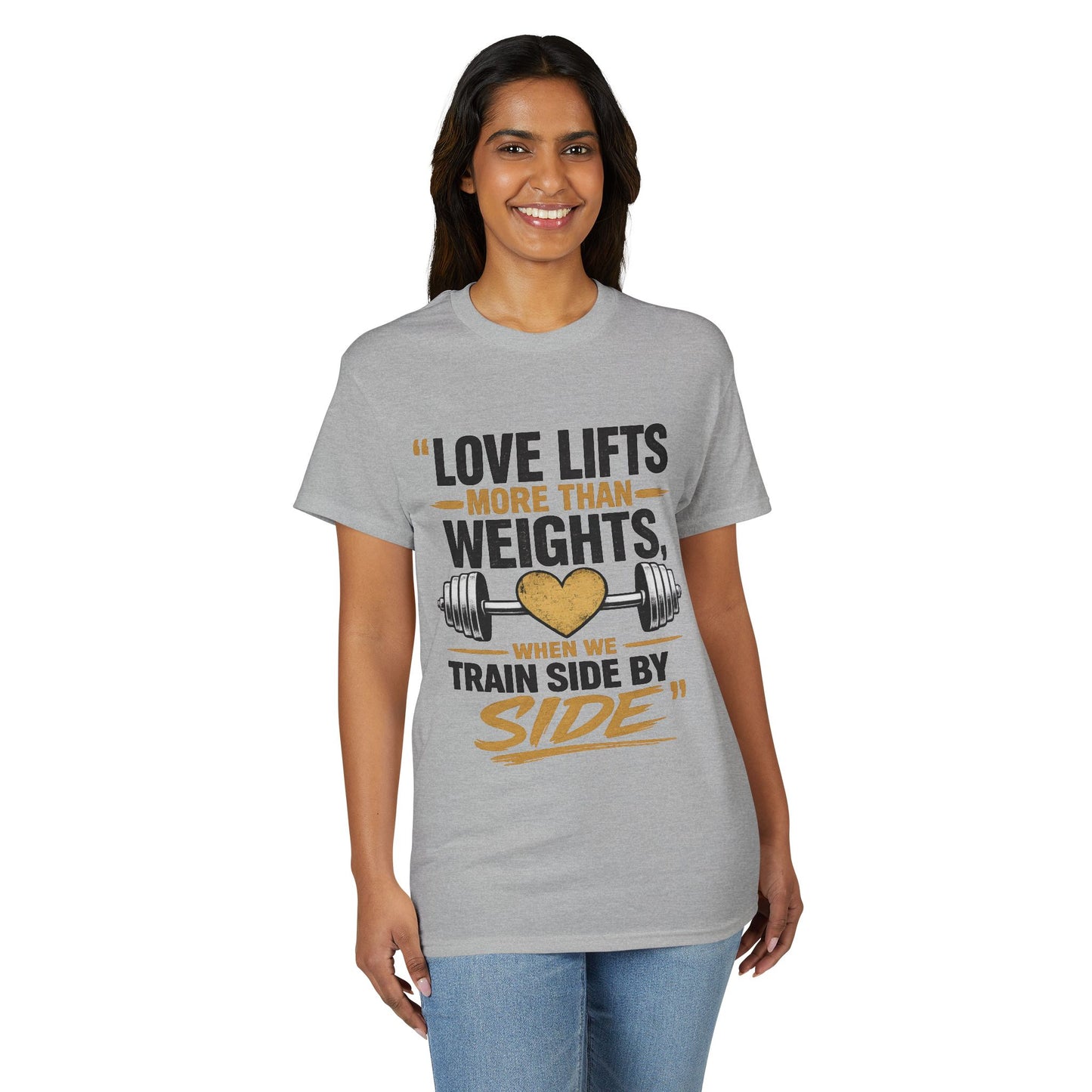 Couples Gym T-Shirt — "Love Lifts More Than Weights" Partner Workout Tee