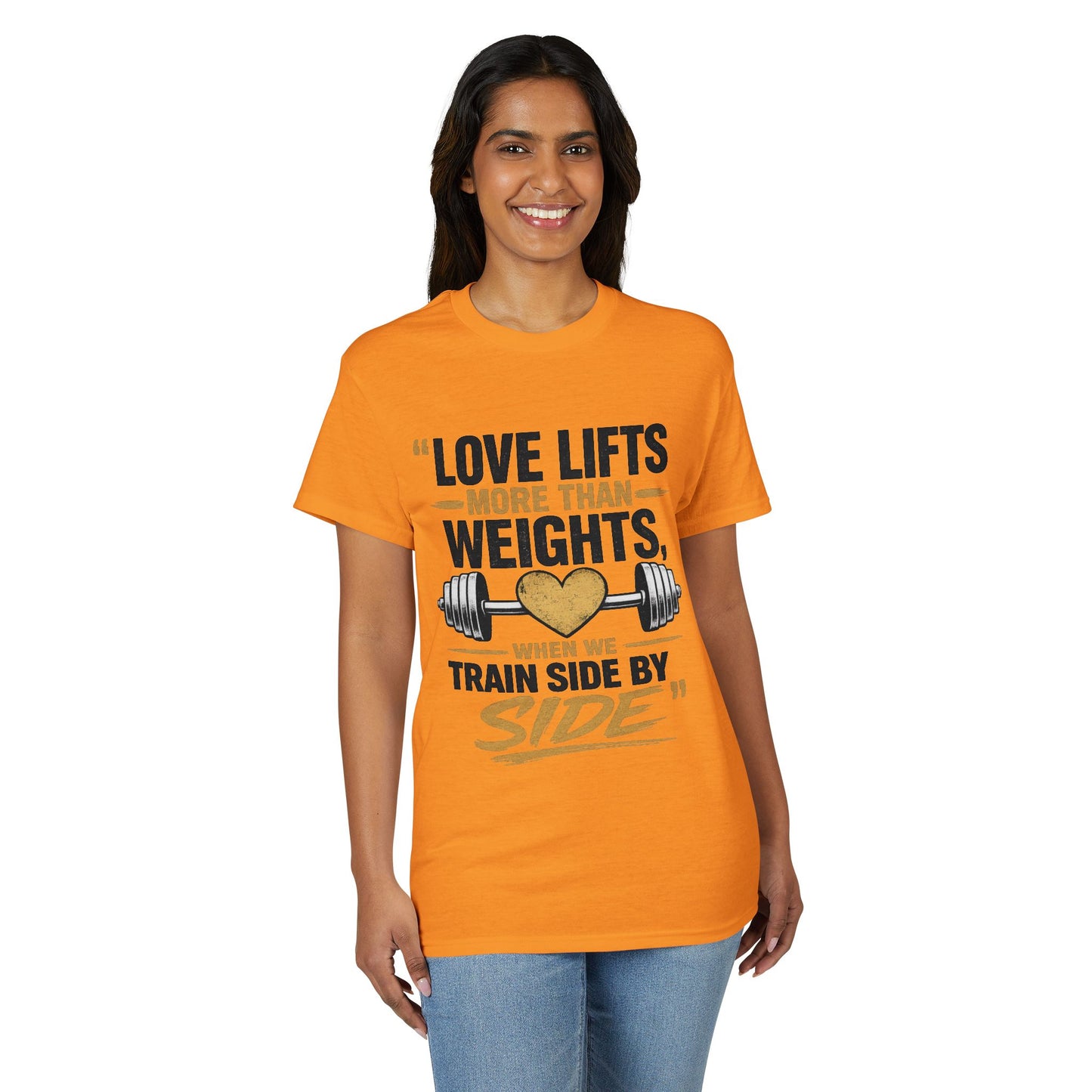 Couples Gym T-Shirt — "Love Lifts More Than Weights" Partner Workout Tee