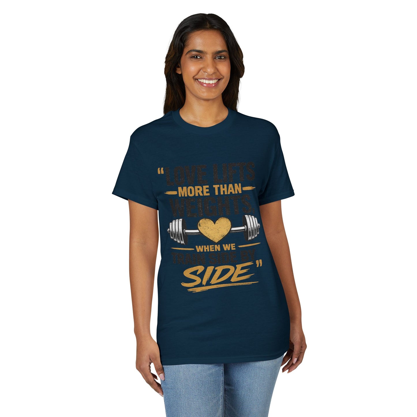 Couples Gym T-Shirt — "Love Lifts More Than Weights" Partner Workout Tee