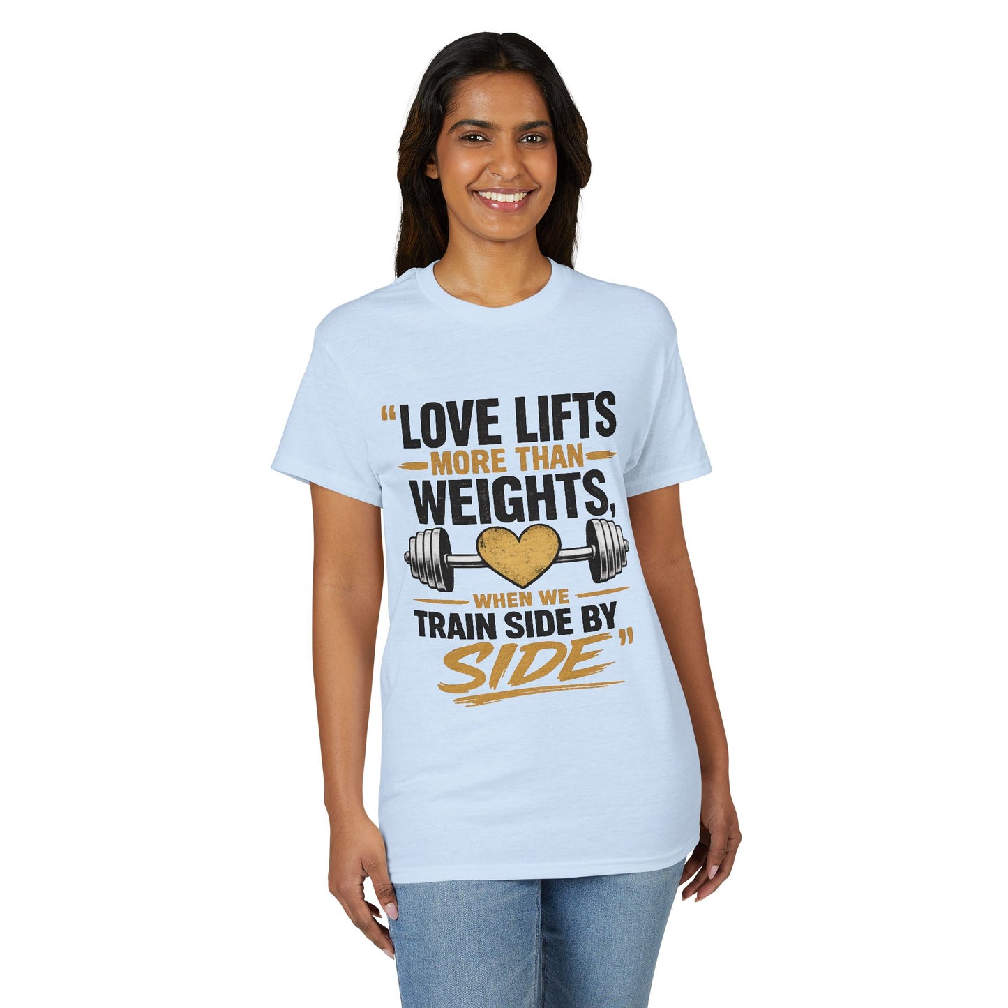 Couples Gym T-Shirt — "Love Lifts More Than Weights" Partner Workout Tee